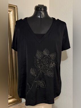 Rock & Republic Blouse Womens XLarge Silver Beaded Rose Split Cold Shoulder